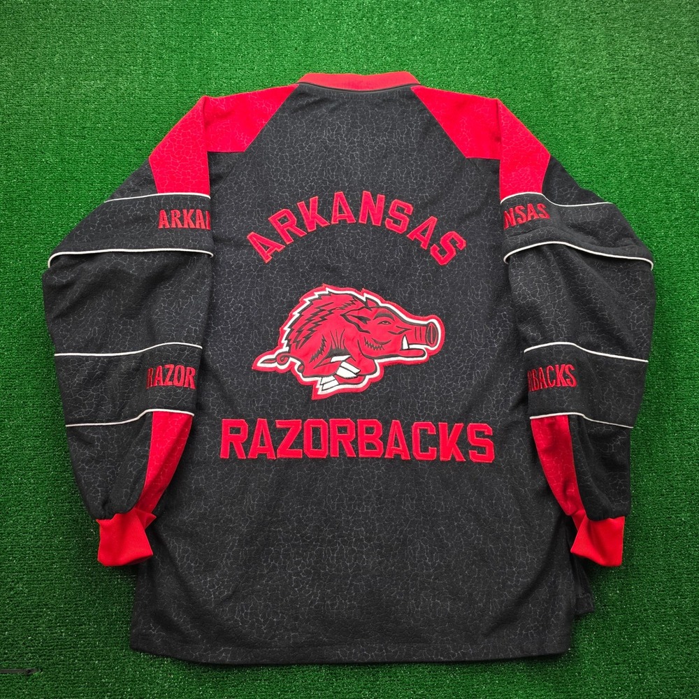 Vintage Arkansas Razorbacks Warmup Jacket Mens Large/XL Red Black Crackle Print